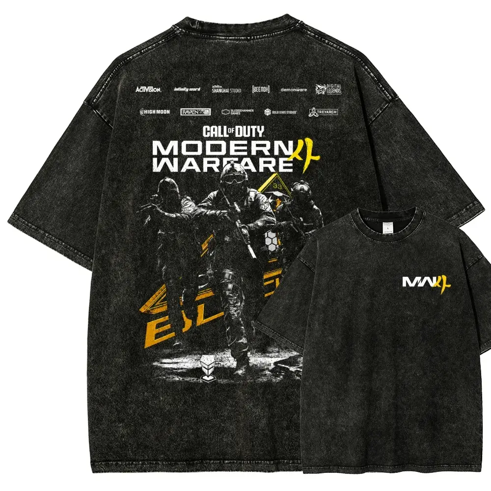Call of Duty Modern Warfare Inspired Washed Black T Shirt,Tactical Soldier Squad Graphic Tee with Military Combat Back Print,Vintage Distressed Cotton Streetwear Shirt,Gaming Style Short Sleeve Top for Men,FPS Fans,Outdoor Adventures and Casual Daily Wear