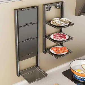 four-layer wall-mounted foldable food preparation rack and storage shelf, equipped with suction cups for seamless installation. Suitable for home cooking and indoor storage.