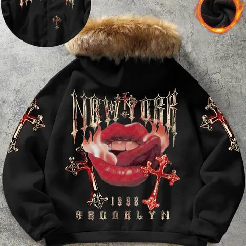 [Parka/Fur Collar Jacket] Autumn Winter Extreme Warmth Men's Hooded Padded Coat | Retro Biker Style Dark Aesthetic Lip Graphic Casual Street Outerwear | Thick Loose Fit Streetwear Trendy Oversize Cold Weather Item