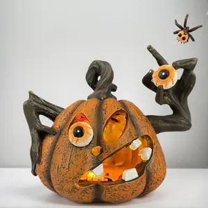 Cyclops Pumpkin Decor with LED Glow, 6.1 Inch Halloween Table Centerpiece, Spooky Home & Office Decor, Battery Operated Collectible Figurine