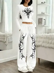 Women's Casual Two-Piece Set, Round Neck Slim Fit Long Sleeve Top + Loose Pants, Gothic Print, Perfect for All Seasons, Must-Have, Outfits