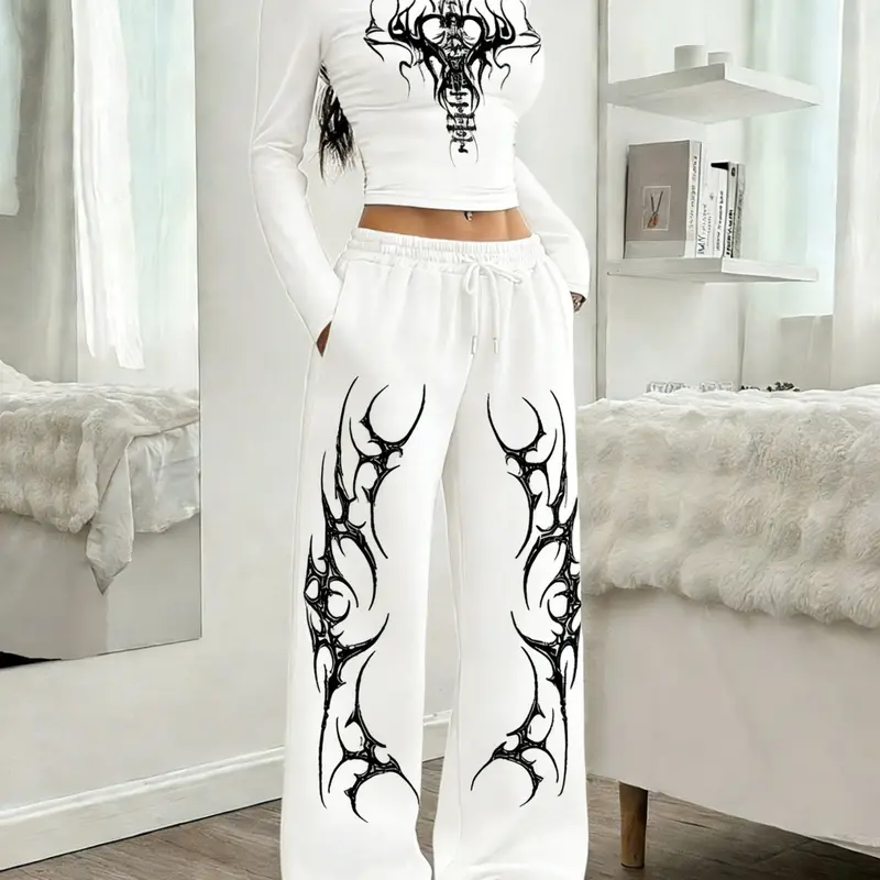 Women's Casual Two-Piece Set, Round Neck Slim Fit Long Sleeve Top + Loose Baggy Pants, Gothic Print, Perfect for All Seasons, Must-Have, Outfits, Womenswear, Everyday Clothes