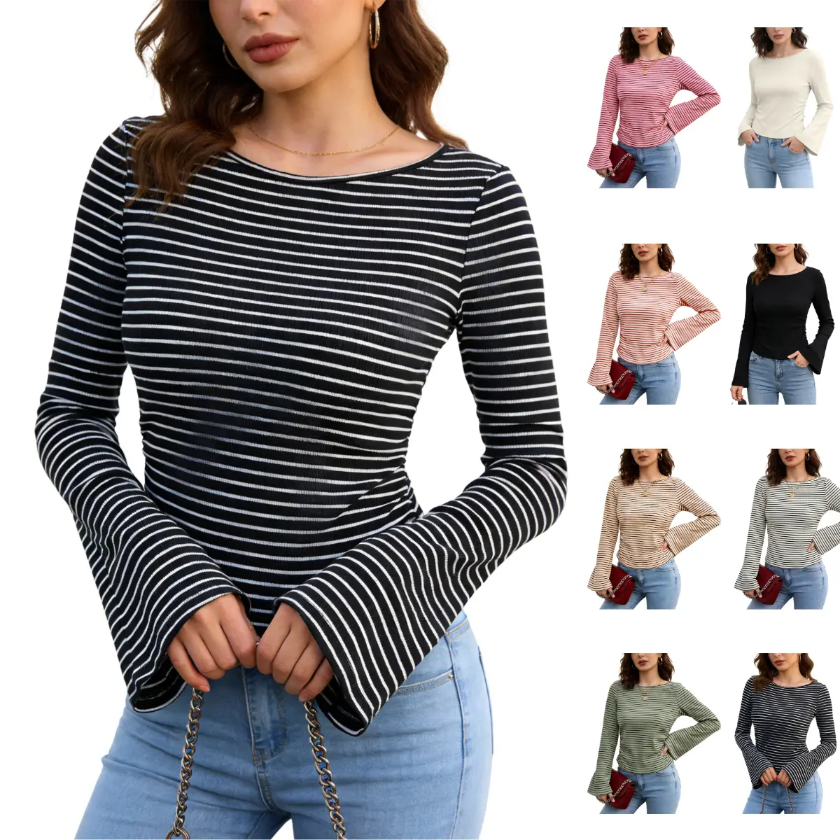 SCUSTY Women's Striped Bell Long Sleeve Shirt Boat Neck Tops Breton Loose Fit Tshirt