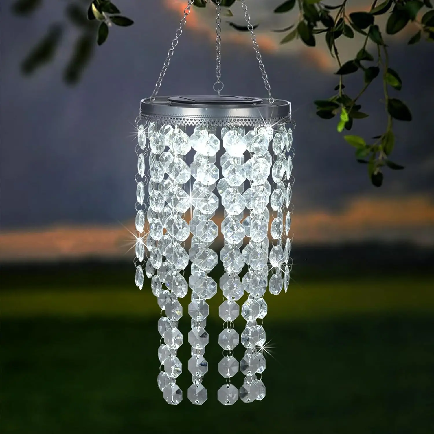 Hanging Solar Lantern Outdoor, 2 Tiers 21 Solar Transparent  Beaded Chandelier with Cool White LED S Hooks for Garden Yard Patio Gazebo Outside Decor