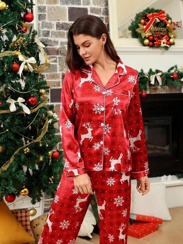 Christmas Pajama Set – Women’s Green Faux Silk Top & Pants with Snowflake & Letter Print – Cozy Holiday Sleepwear for Fall & Winter