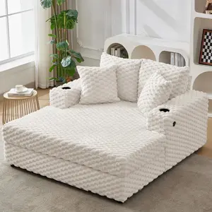 Garvee Oversized 60" Upholstered Chaise Lounge Chair with Throw Pillows and Armrests, Cozy Large Modern Sleeper Sofa Bed for Living Room or Bedroom in Beige