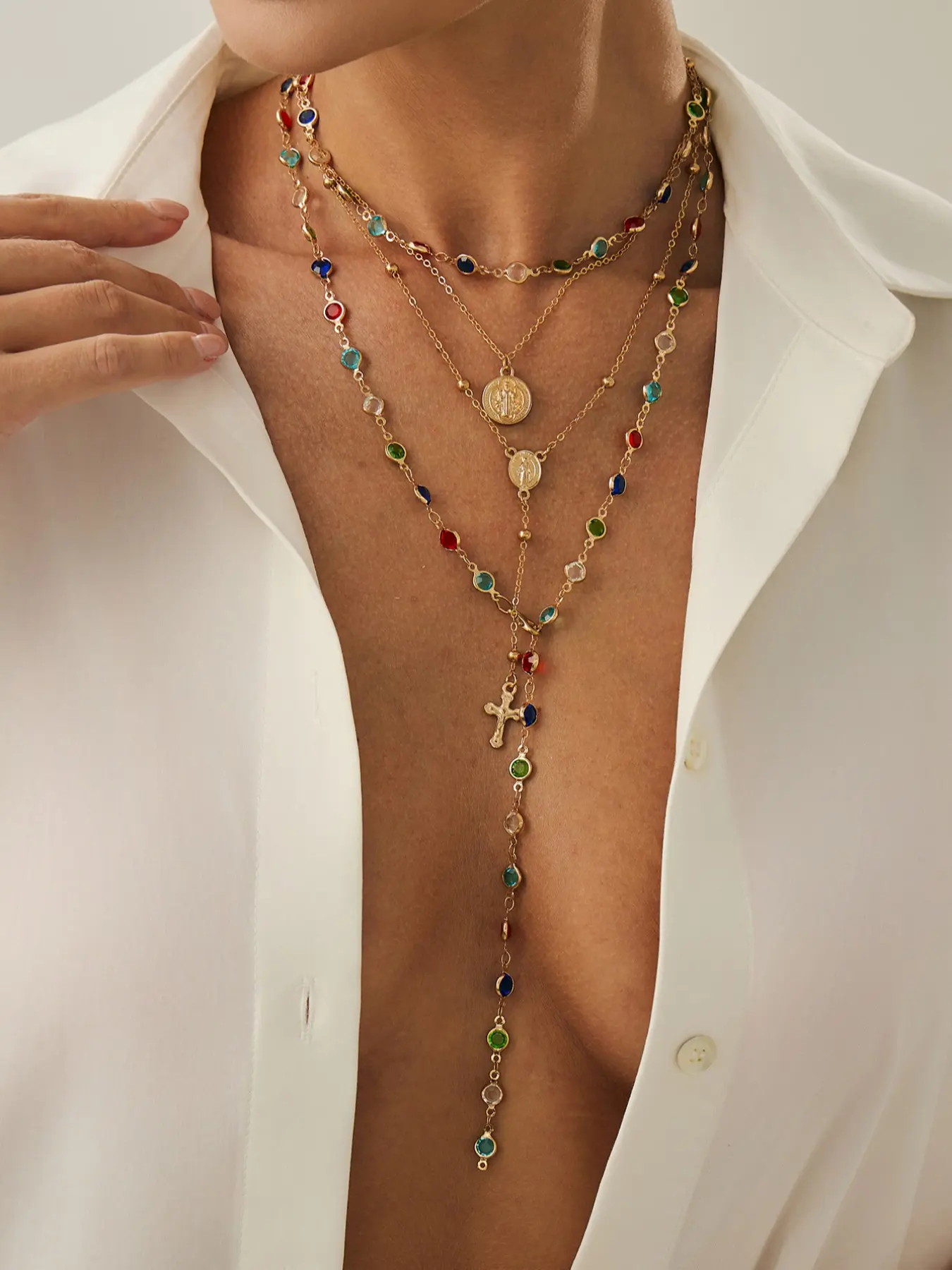 4 Piece Rhinestone Cross Pendant Statement Necklace Set, Trendy Necklace, Fashion Necklace, Rhinestone Pendant Jewelry, Rhinestones Pendant Necklace, Casual Style, All Seasons, Plain Pattern, Chain Material, No Choking Hazard