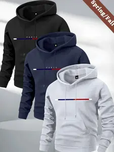 Men's 3-Piece Street Style Paris Letter Print Hoodie with American Niche Brand Comfortable Stretch Fabric Autumn Winter Long Sleeve Pullover Top Men's Clothing Menswear Sweatshirts