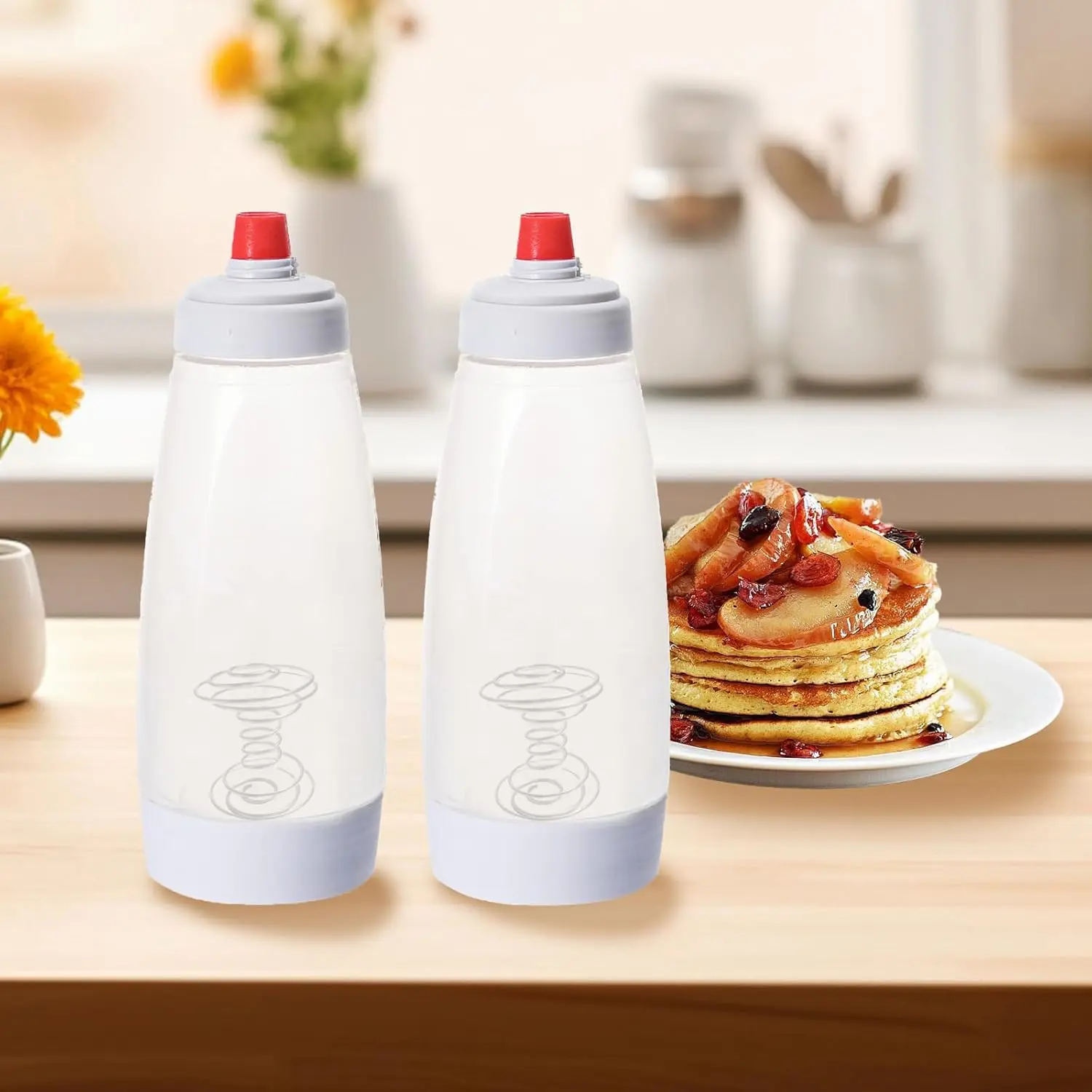 Camp Kitchen Silicone-Stainless Steel Pancake Batter Dispenser with Blender Ball, Large-Capacity Squeezing Bottle, Easy to Clean Baking Utensil for Pancakes, Waffles, Muffins