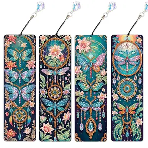 Dragonfly Dream Catcher Pattern DIY Diamond Arts Colorful Painting Kit, 4 Counts/set DIY Bookmark with Diamond Pendant, Suitable for Book Fans and Craft Enthusiasts