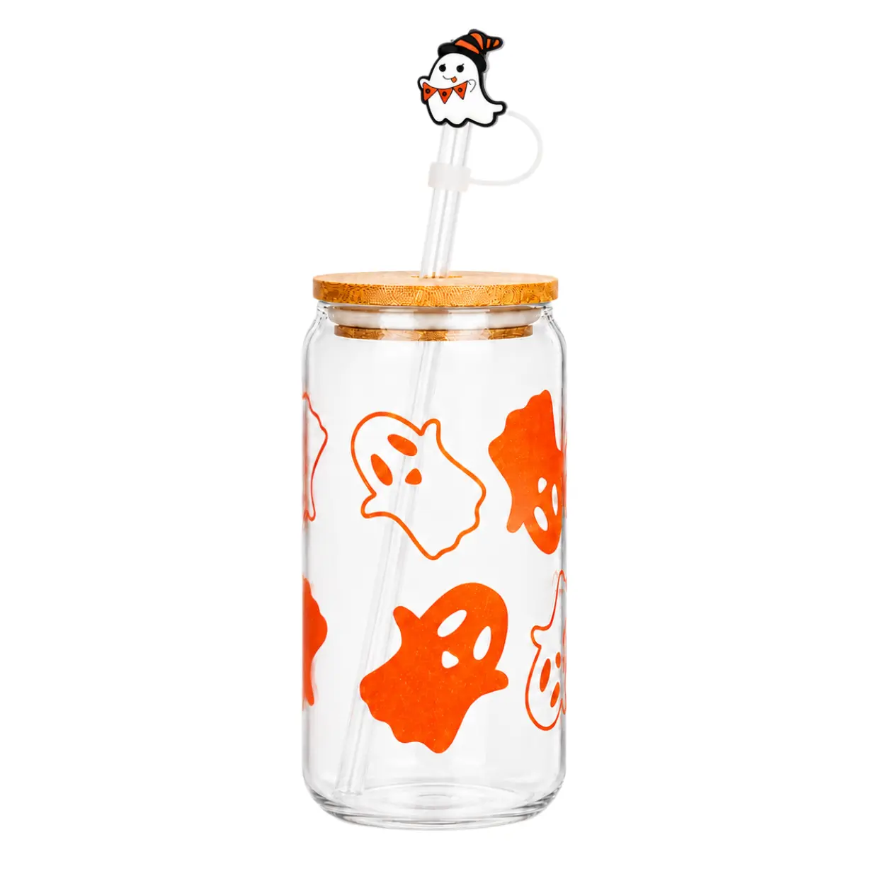 ANOITON 18oz Color Changing  Halloween Ghost Drinking Glass with Bamboo Lid and Straw