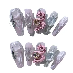 X64 Hand-made nail art, small batch high-end pink dragon playing with pearls ice clear nude reusable detachable fake nails