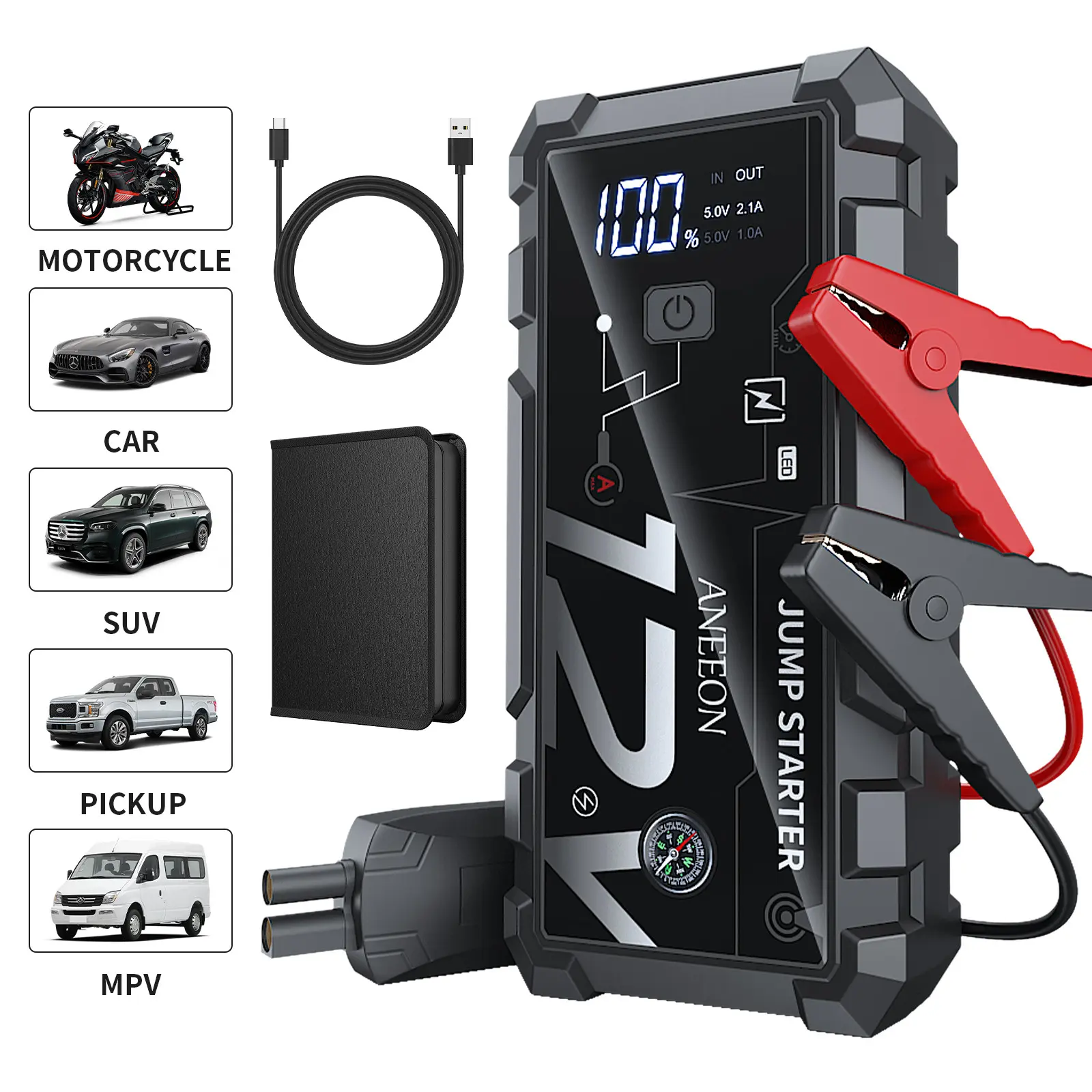 Aneeon 8000mAh Portable Automotive Car Jump Starter, 12V Auto Jump Box with LED Light, Dual USB QC3.0 Fast Charging, Optional Air Pump