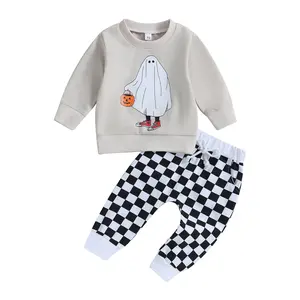 Toddler Baby Boy Girl Halloween Outfit Long Sleeve Ghost Pumpkin Sweatshirt Tops Checkerboard Pants 2PCS Fall Winter Clothes