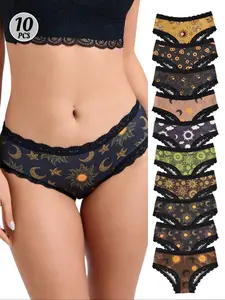 Women's Mid-Waist Breathable Underwear, Elastic Comfortable Large Size Casual Panties, Multi-Color Seamless Thong Shorts Print, Pack of 10
