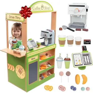 Pretend Coffee Shop Wooden Playset - Drive Thru Window Fun - 25 Pieces, Includes Frappuccino w Straws, Espresso Maker, Bread, Pastries, and more!