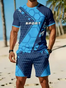 Blue and Black Honeycomb SPORT 3D Digital Printing Two-Piece Set, 2Pcs, Trendy and Fashionable Set, Trendy Retro Casual Two-Piece Set, Vacation Style Trendy Outfit, Breathable Sporty Casual Style, a perfect holiday gift for men
