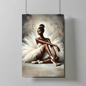 [SALE UP TO 40%] [Unframed] Black Art Print – Elegant Afro Ballerina Wall Art in White Tutu, Graceful Afrocentric Home Decor Gift
