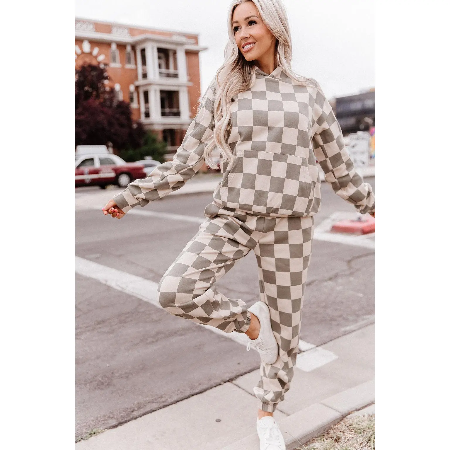 University Hoodie - Soft Landing | Womenswear Checkered Sweatshirt Relaxed Fit | Sage Green & Beige | Plus Size