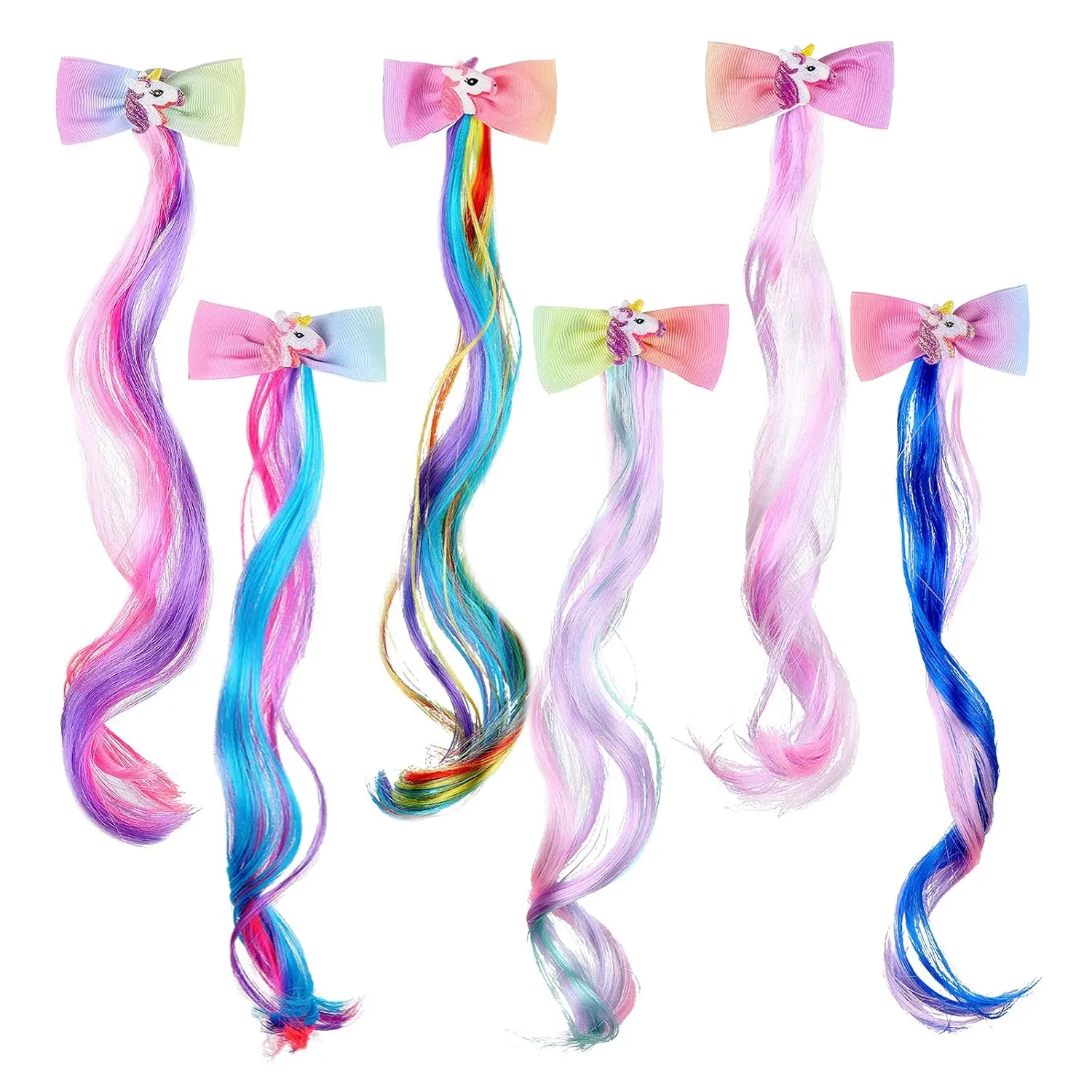 Unicorn Clip-in Hair Extensions for Girls, 6 Pack with Gradient Color Synthetic Curls and 2.5-in Sequin Bows, 14-inch Kawaii Accessories for Crazy Hair Day and Casual Parties, Friends, Princess, Sisters, Clip Hair Extensions, Soft