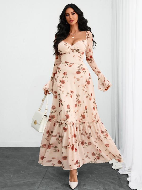Elegant French Style V-Neck Mesh Dress, Rose Print Layered Backless Design, Breathable Waist Cinching, Romantic Women's Fashion