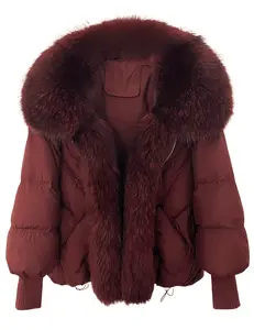Steven Dann Fox Collar Crop Puffer Coat in Dark Port-ZIP NOT SNAP IN STORE ONLY