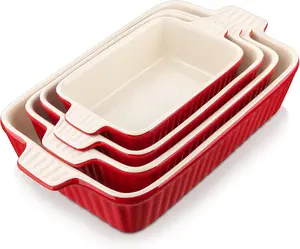 Bakeware Set of 4,  Porcelain Baking Pans Set for Oven, Casserole Dish, Ceramic Rectangular Baking Dish Lasagna Pans for Cooking Cake Pie Dinner Kitchen, Red (9.5"/11.25"/12.75"/14.5")