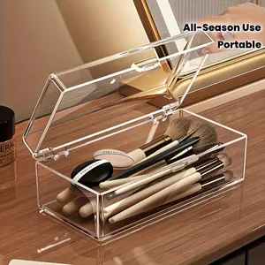 Clear Acrylic Cosmetic Organizer with Dustproof Design, Visible Compartment Lipstick Storage Holder for Eyeshadow, Brushes, Eyebrow Pencils and Beauty Tools, Lightweight Portable No-Power Vanity Organizer, Cosmetic Storage Box