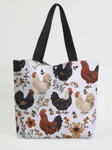 Rooster Pattern Casual Storage Bag, Night Scene, Fashionable and Trendy, Suitable for Daily Shopping, Office Use, All Seasons, Market Tote Bag, Reusable Shopping Bags, Reusable Grocery Bags