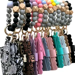 Beaded Bracelets Colorful Silicone Beads Wristband Keychains PU Tassel Women's Card Holders Wristlets Keychains