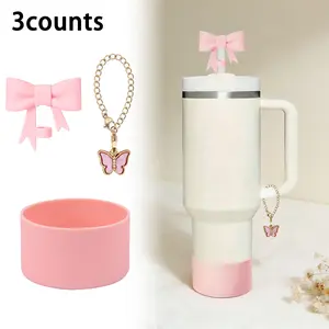 Sports Water Bottle Tumbler Accessories Set, Bow Straw Cap, Silicone Bottom Cover, Handle Chain, Fits 40oz/30oz Bottles, Valentine Gift
