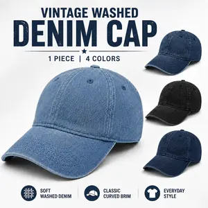 Unisex Vintage Washed Denim Baseball Cap, Adjustable Classic Curved Brim Dad Hat, Casual Streetwear Headwear for Men and Women