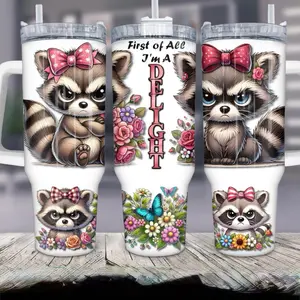 Funny Raccoon Tumbler 40oz Stainless Steel Handmade Lid Straw Bottle Drinkware Water Bottles Cup Mug Portable Bottled Washable Reusable Insulated Flasks