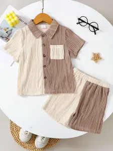 Ready Stock 4-7Y Boys' Summer Jacquard Colorblock Short Sleeve Button Shirt with Pocket + Matching Shorts 2Pcs Clothes Set for Daily Wear and Outdoor Activities 42501006 Outfit
