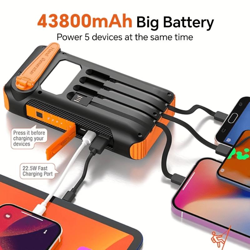 43800 mAh Solar Power Bank with USB and Hand Crank Charging - Supports Fast Charging of Multiple Devices at the Same Time (22.8W), Portable Night Light, 5V-36V Output and Cable Management (Travel, Outdoor, Emergency), Compact Design, Multi-function Chargi