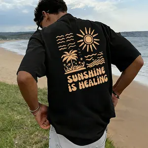 Men’s summer loose casual T-shirt with back print; crew neck tee featuring a “Sunshine Is Healing” palm tree sun wave beach graphic; vintage tropical surf streetwear short-sleeve top for vacation beach trips.