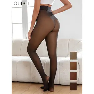 OUFALI One-Seam & 4 Shades Fleece Lined Tights Women Sheer Black Fleece Pantyhose Winter Warm Thermal Fake Translucent Leggings Closed Foot