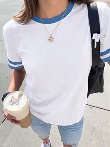 Women's White Ringer T-Shirt with Blue Trim Crew Neck Casual Short Sleeve Tee Ringer T-Shirt, Contrast Trim Tee, Ribbed Neckline, Short Sleeve Crew Neck, Summer, Fit, Basic