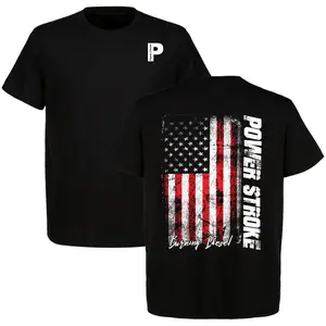 Power Stroke Burnt Out Flag T-Shirt Men's Cotton Short Sleeve Car Graphic Tee Casual Menswear Ford Lover