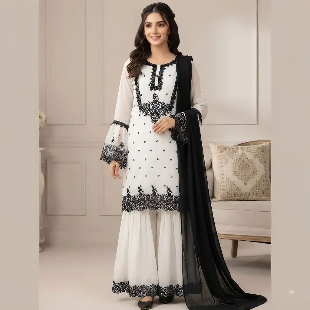 3 Piece Sharara Set with Embroidery Work for Women