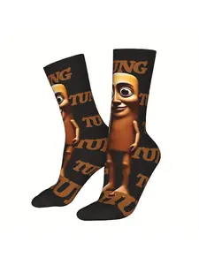 1pc Tung Tung Sahur Italian Brainrot Men'S Novelty Socks - Black & Brown Knit Crew Socks with Playful Cartoon Design, Polyester Blend, Hand Washable, Cute Socks, Tube Socks