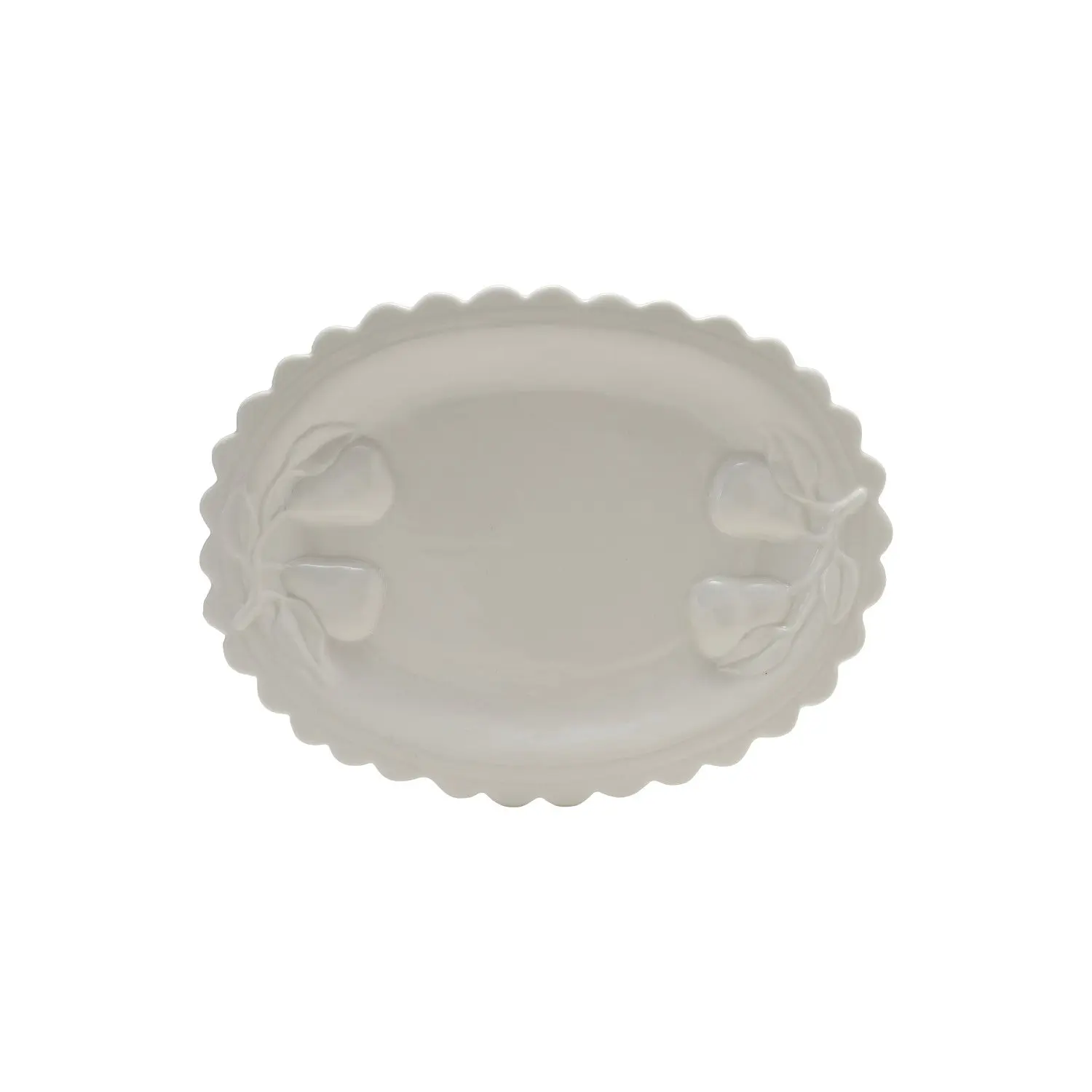 Artisan-Made White Stoneware Platter - Scalloped Rim, Embossed Pear Motif, Unique Kitchen Tableware Piece, Unique Pieces