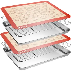 Stainless Steel Baking Sheet Tray, Cooling Rack and Silicone Baking Mat Set. 6 Pieces (2 Sheets + 2 Racks + 2 Mats), 16 x 12 x 1 Inches, Easy Clean