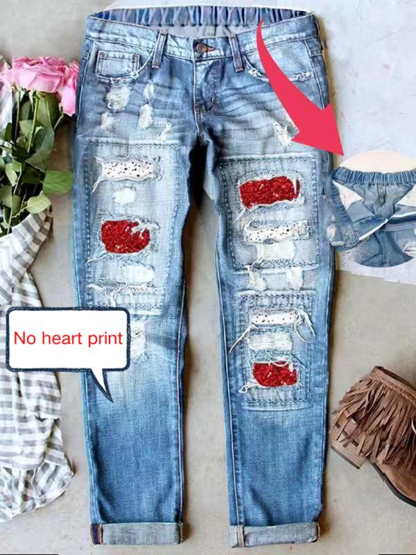 Women’s Ripped Patch Boyfriend Jeans with Multiple Cute Prints Loose Washed Denim Mid-Waist Elastic Waist Breathable & Comfy