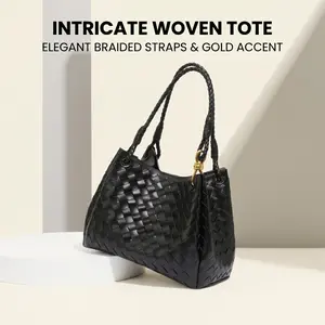 Woven Tote Bag for Women Large Capacity Shoulder Bag with Braided Straps and Gold Hardware