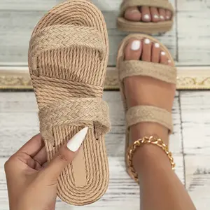 Women's Summer Straw Woven Flat Shoes, Casual Beach Slippers with Faux Linen Sole, Fashionable Footwear, Women Shoes