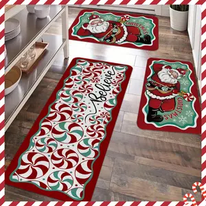 2/3pcs Christmas kitchen carpet floor mat, Santa Claus, lollipop pattern anti slip floor mat, flannel Merry Christmas floor mat, suitable for kitchen, entrance door, laundry room, bathroom, living room, decoration floor mat, Home Decor Rugs