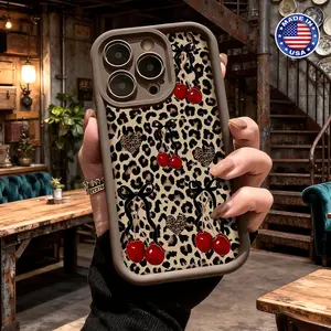 Trendy Leopard Cherry Bow Pattern Case for iPhone 17 16 15 14 Pro Max 13 12 11 XR XS Plus Air Slim Lightweight Shockproof Anti Drop Protective Durable TPU Cover