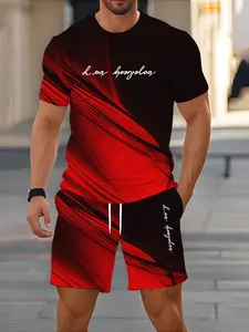 Men's Sports Casual Set: Red and Black Color Block Los Angeles Letter Print Short-Sleeve T-Shirt and Drawstring Shorts Two-Piece Set - Stylish and Versatile Men's Suit