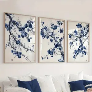 Optional Wooden Frame Blue and White Watercolor Floral Bird Canvas Art Prints 3pcs Set Modern Wall Art for Bedroom Living Room Corridor Decoration